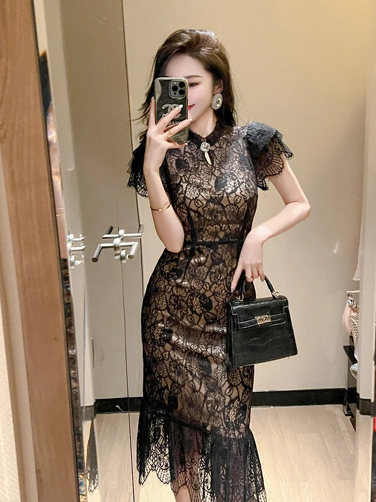 Women Long Dress Summer New Chinese Style Cheongsam Vintage Solid Lace Short Sleeve Zipper High Waist Stand Neck Dresses
Women Long Dress Summer New Chinese Style Cheongsam Vintage Solid Lace Short Sleeve Zipper High Waist Stand Neck Dresses