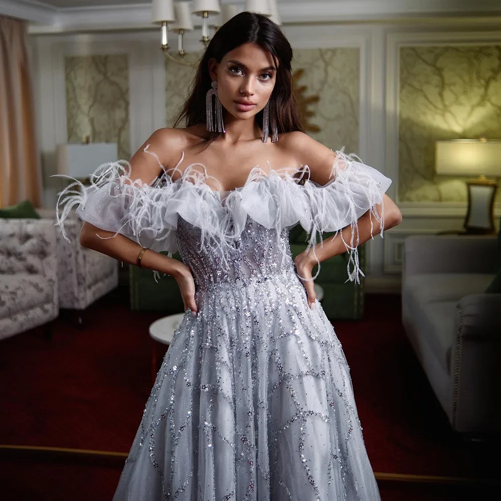Luxury Feathers Sequined Evening Dresses Elegant Off the Shoulder Beads Floor Length A-Line Prom Gowns Formal Party Dresses
Luxury Feathers Sequined Evening Dresses Elegant Off the Shoulder Beads Floor Length A-Line Prom Gowns Formal Party Dresses
