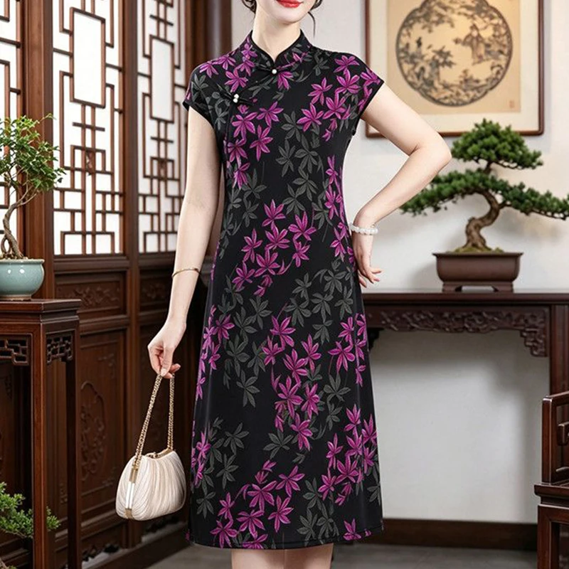 Womens Floral Print Cheongsam Midi Dress Short Sleeve Traditional Style Dress
Womens Floral Print Cheongsam Midi Dress Short Sleeve Traditional Style Dress
