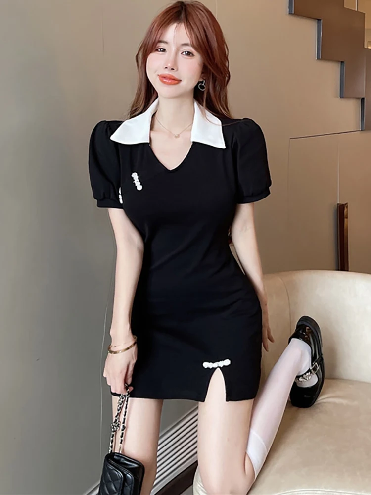 2025 Black Short Sleeve Polo Collar Chic Bow Mini Dress Women Korean Vintage Hepburn Dress Autumn Elegant Bodycon Party Vestidos
2025 Black Short Sleeve Polo Collar Chic Bow Mini Dress Women Korean Vintage Hepburn Dress Autumn Elegant Bodycon Party Vestidos