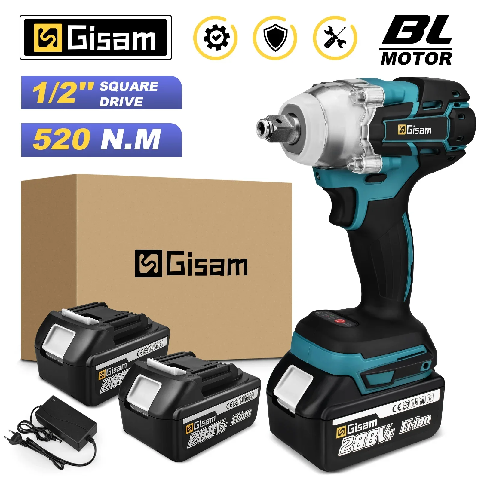 Gisam 520N.M Brushless Electric Impact Wrench Cordless Electric Wrench 1/2 inch for Makita 18V Battery Screwdriver Power Tools
Gisam 520N.M Brushless Electric Impact Wrench Cordless Electric Wrench 1/2 inch for Makita 18V Battery Screwdriver Power Tools