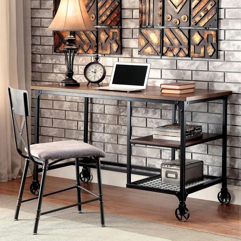 Industrial Desk with Antique Black Metal Frame and Wood-Grain Top, Caster Wheel Details
Industrial Desk with Antique Black Metal Frame and Wood-Grain Top, Caster Wheel Details
