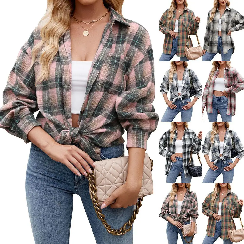 Women's Cheered irt Loose Fit Long Sve Polyester Fabric Faionable Plaid Design Summer Casual Wear Fem Clothing
Women's Cheered irt Loose Fit Long Sve Polyester Fabric Faionable Plaid Design Summer Casual Wear Fem Clothing