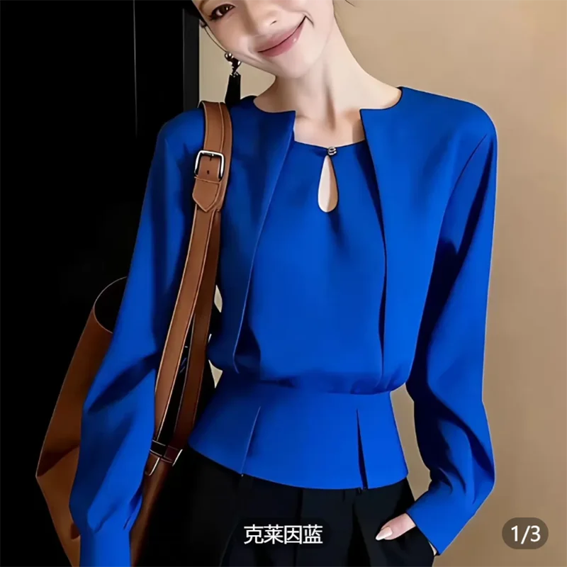 Unique Blue Long Sleeve Shirt for Women Hollow out Design Slim Fit Commute High-End Feelings Fake Two-Piece Top
Unique Blue Long Sleeve Shirt for Women Hollow out Design Slim Fit Commute High-End Feelings Fake Two-Piece Top