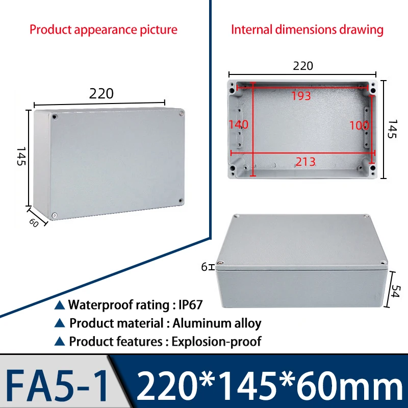 Aluminum cast explosion-proof junction box FA5-1, 220*145*60mm, outdoor exposed metal waterproof box
Aluminum cast explosion-proof junction box FA5-1, 220*145*60mm, outdoor exposed metal waterproof box