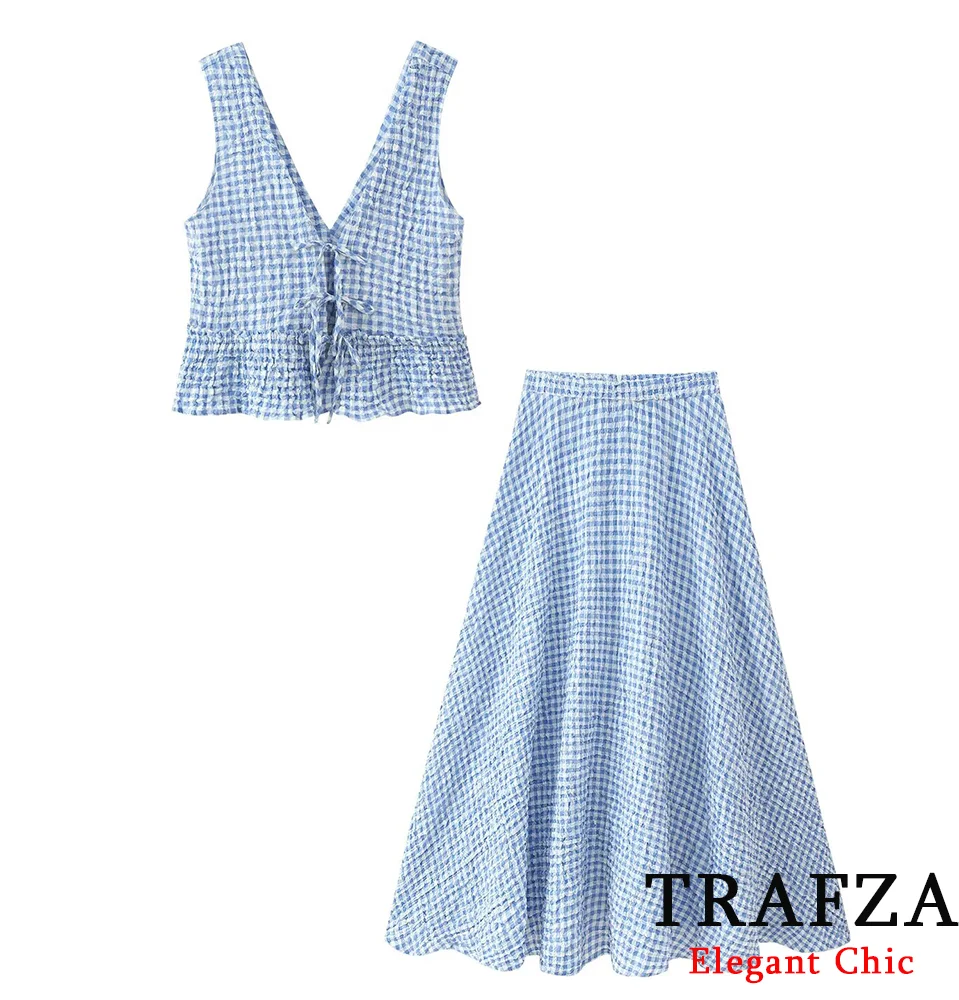 TRAFZA Summer Sweet Plaid Set Women's V-Neck Lace-up Vest Or A-Line Pleated Skirt 2025 Fashion Holidays Beach Pastoral Skirt Set
TRAFZA Summer Sweet Plaid Set Women's V-Neck Lace-up Vest Or A-Line Pleated Skirt 2025 Fashion Holidays Beach Pastoral Skirt Set