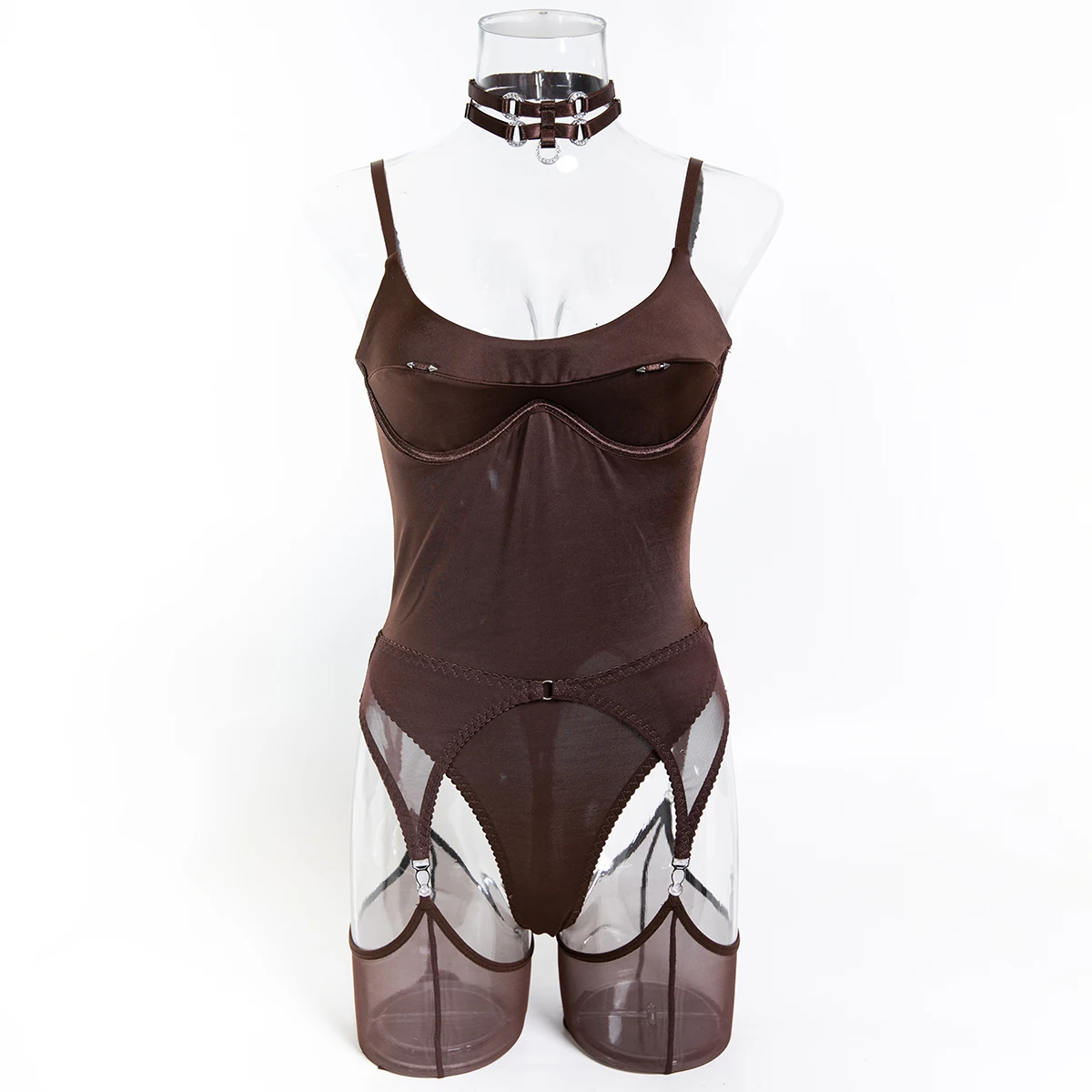 Conjunto de lencería gótica de 4 piezas para mujer: body de tirantes finos con aros, teddy de una pieza de malla transparente, liguero y medias Conjunto de lencería gótica de 4 piezas para mujer: body de tirantes finos con aros, teddy de una pieza de malla transparente, liguero y medias