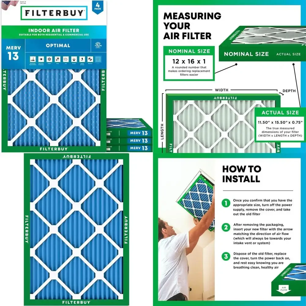 4-Pack MERV 13 Air Filters - Optimal Smoke & Allergy Protection for HVAC Systems (Actual Size: 11.5 x 15.5 x 0.75)
4-Pack MERV 13 Air Filters - Optimal Smoke & Allergy Protection for HVAC Systems (Actual Size: 11.5 x 15.5 x 0.75)