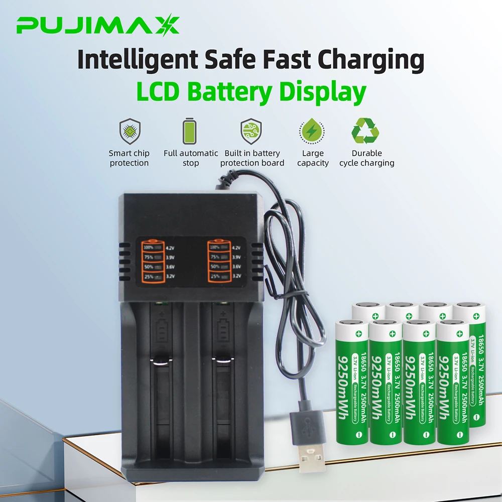 PUJIMAX 2-10PCS 18650 Lithium-ion Battery 3.7V 2500mAh Rechargeable Battery for Pointer Doorbell Flashlight Fans Battery+Charger
PUJIMAX 2-10PCS 18650 Lithium-ion Battery 3.7V 2500mAh Rechargeable Battery for Pointer Doorbell Flashlight Fans Battery+Charger