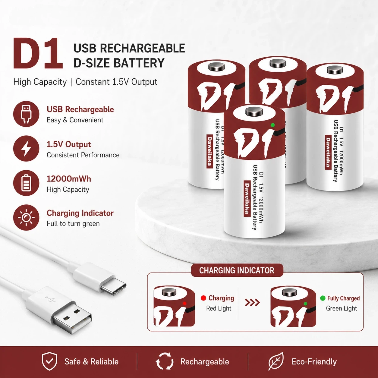 D1 D Size 1.5V USB Rechargeable Lithium Battery 12000mAh for Flashlight Gas Stove Emergency Light Toys
D1 D Size 1.5V USB Rechargeable Lithium Battery 12000mAh for Flashlight Gas Stove Emergency Light Toys