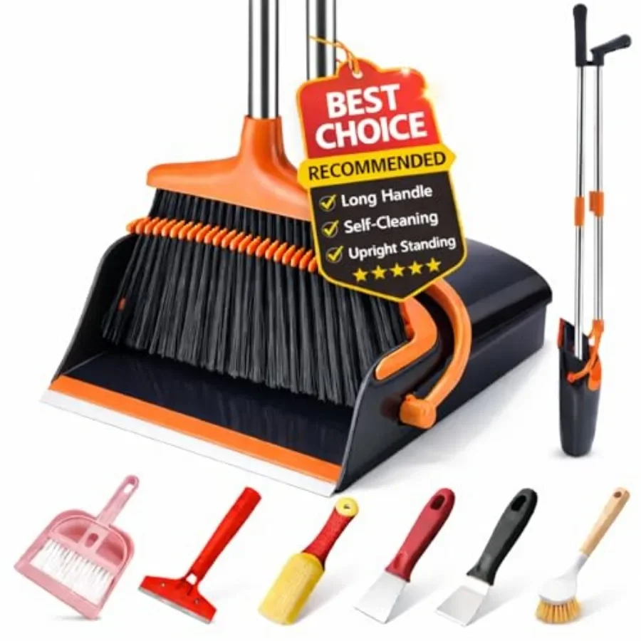 Broom and Dustpan Set with Long Handle, Upright Standing Self-Cleaning Combo, Windproof Dustpan with 6 Bonus Cleaning Tools for
Broom and Dustpan Set with Long Handle, Upright Standing Self-Cleaning Combo, Windproof Dustpan with 6 Bonus Cleaning Tools for