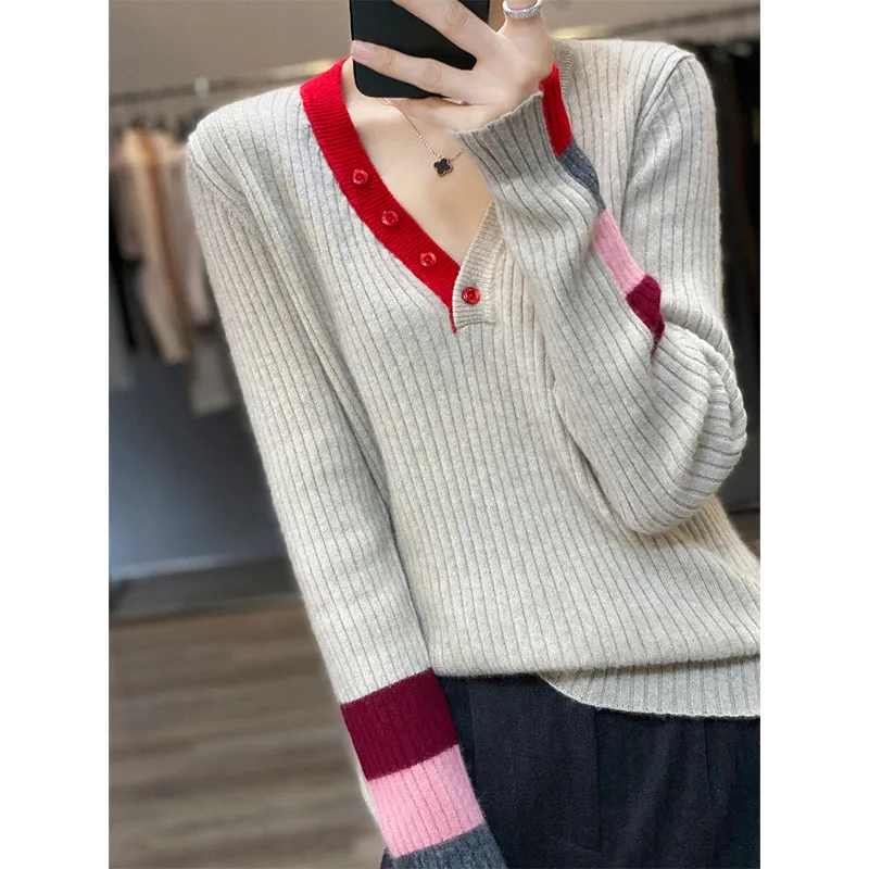 Women 100% Merino Wool Sweater Color Blocked V-neck with Buckle Pullover Autumn Winter Cashmere Clothing Long Sleeve Knit Tops
Women 100% Merino Wool Sweater Color Blocked V-neck with Buckle Pullover Autumn Winter Cashmere Clothing Long Sleeve Knit Tops