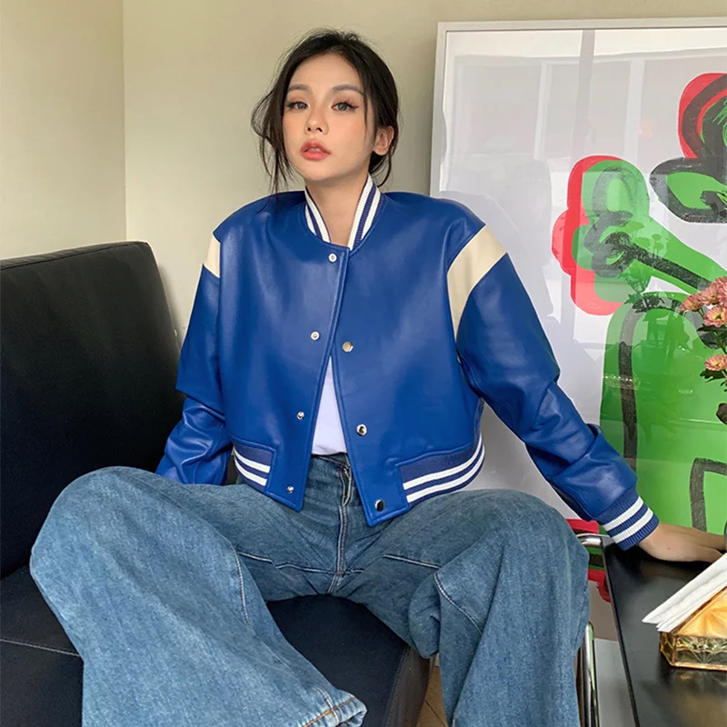 Jacket Leather Women's Baseball Uniform Y2K Short Spring and Autumn O-Neck Contrast Color Stitching Sheepskin Motorcycle Jacket
Jacket Leather Women's Baseball Uniform Y2K Short Spring and Autumn O-Neck Contrast Color Stitching Sheepskin Motorcycle Jacket