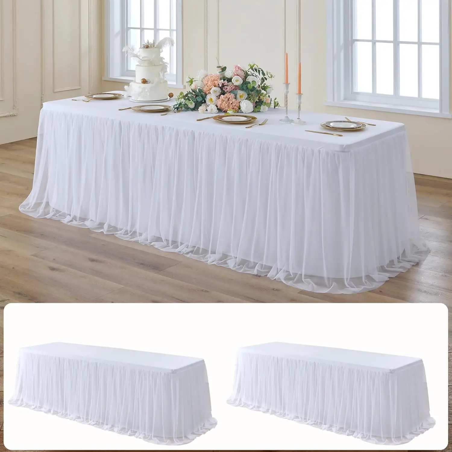 2 Pack 8ft White Tulle Tablecloth for Rectangle Tables, Stretchy Fitted Table Cover with Ruffle Skirt, Wrinkle Free for Wedding Party Banquet
2 Pack 8ft White Tulle Tablecloth for Rectangle Tables, Stretchy Fitted Table Cover with Ruffle Skirt, Wrinkle Free for Wedding Party Banquet
