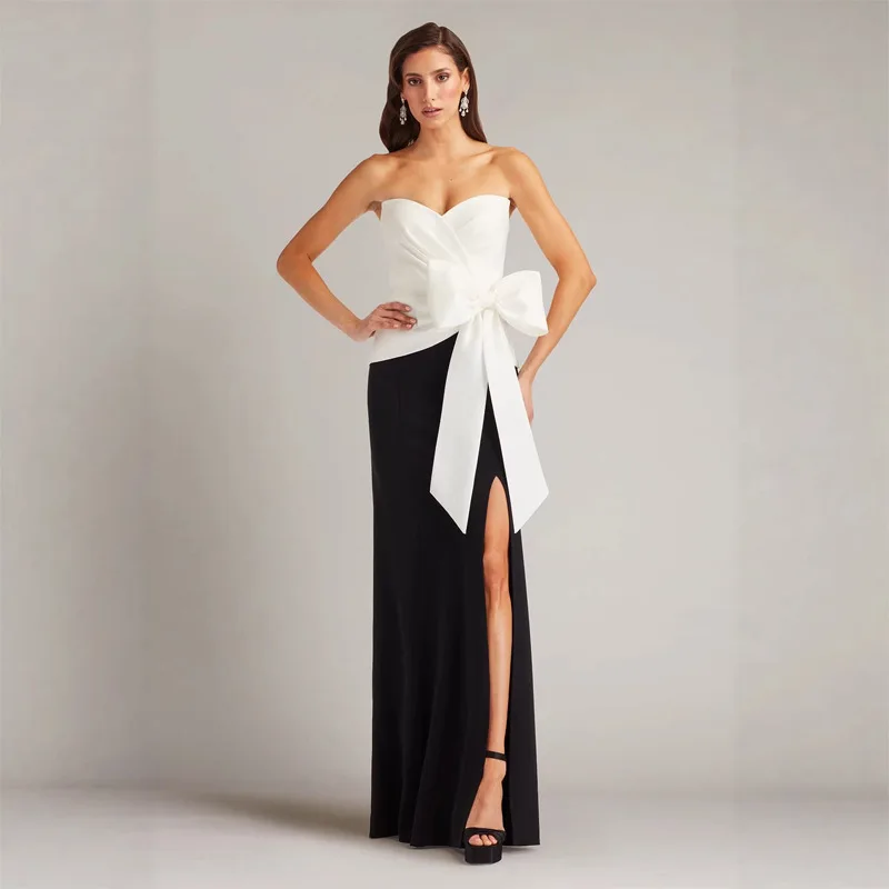 New women's party banquet tube top strapless evening dress with bow decoration sexy split black and white contrasting dress
New women's party banquet tube top strapless evening dress with bow decoration sexy split black and white contrasting dress