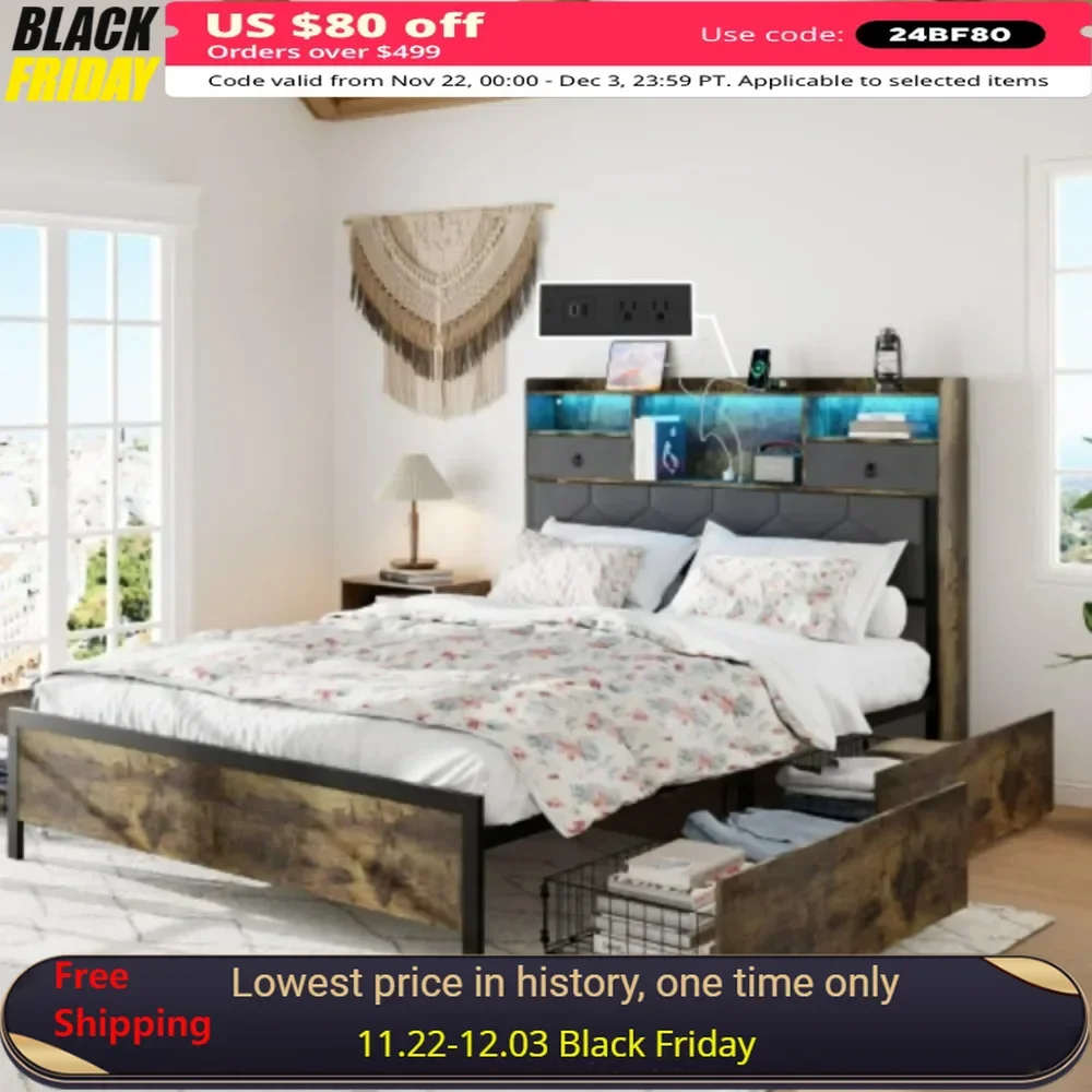 Queen Bed Frame with Storage Headboard, Wooden Bed Frame with 47.2" Bookcase Headboard, 4 Storage Drawers & Charging Station
Queen Bed Frame with Storage Headboard, Wooden Bed Frame with 47.2" Bookcase Headboard, 4 Storage Drawers & Charging Station