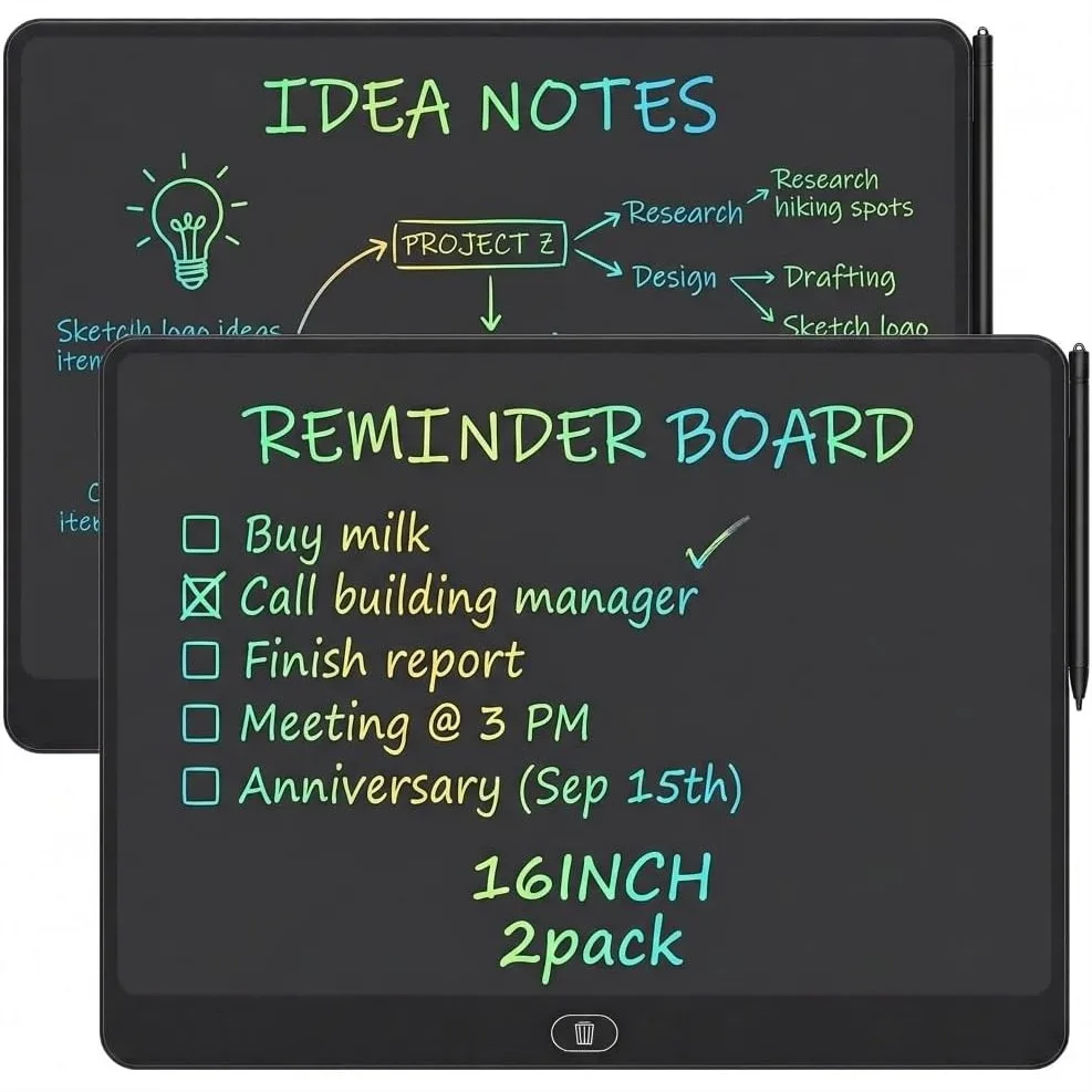 16 Inch LCD Writing Tablet 2 Pack, Large Electronic Notepad for Adults, Reusable Digital Memo Board for Office Desk and Meetings
16 Inch LCD Writing Tablet 2 Pack, Large Electronic Notepad for Adults, Reusable Digital Memo Board for Office Desk and Meetings