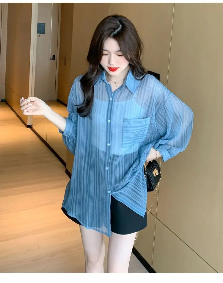 Large size loose sunscreen clothes with cardigan striped chiffon shirt women's jacket air conditioning clothes top
Large size loose sunscreen clothes with cardigan striped chiffon shirt women's jacket air conditioning clothes top