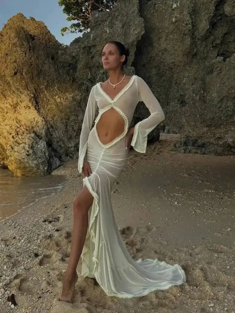 Sexy Sheer Women Dress Elegant Hollow V-Neck Splits Long Sleeves Ruffles Lace Ruched Bodycon Beach Vacation Clubwear 8RHS
Sexy Sheer Women Dress Elegant Hollow V-Neck Splits Long Sleeves Ruffles Lace Ruched Bodycon Beach Vacation Clubwear 8RHS