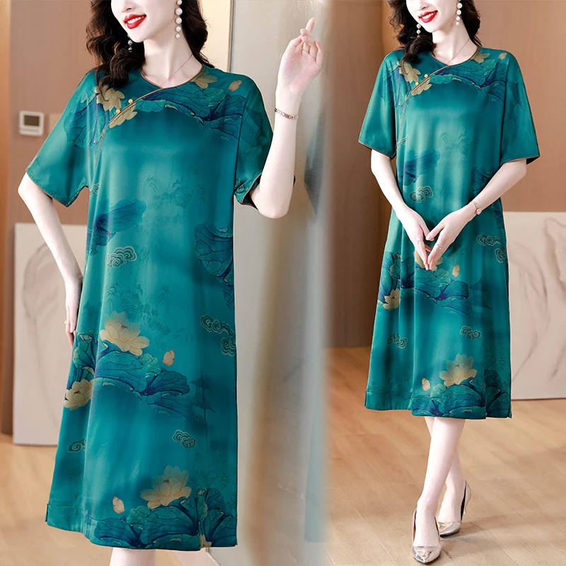 2023 Summer New Middle aged Mom's Wear Chinese Silk Satin Improved Qipao Dress Loose Large Flower Print Knee Length Gown
2023 Summer New Middle aged Mom's Wear Chinese Silk Satin Improved Qipao Dress Loose Large Flower Print Knee Length Gown
