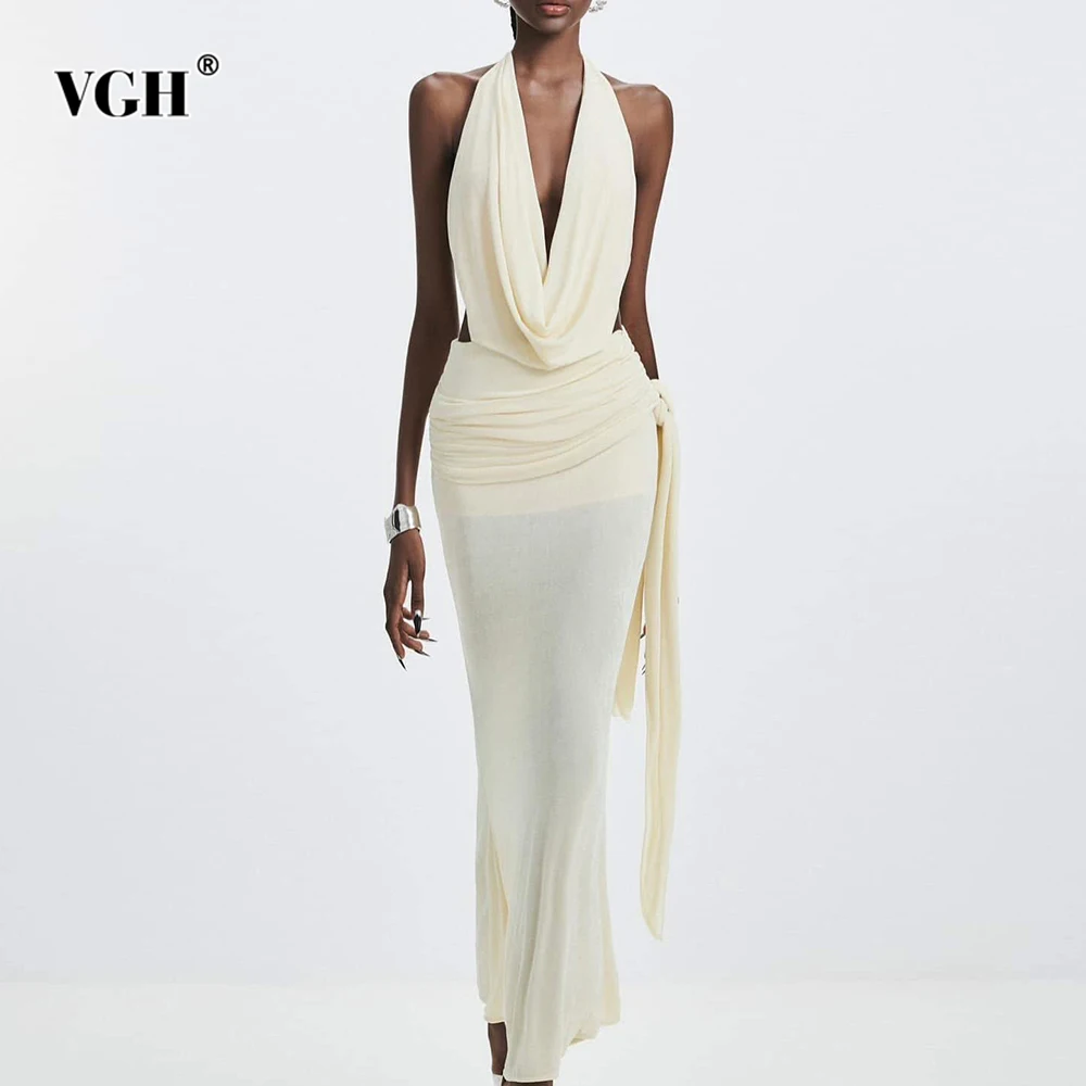 VGH Solid Spliced Backless Bodycon Dresses for Women Halter Neck Sleeveless Patchwork Sheer Sexy Folds Evening Midi Dress Female
VGH Solid Spliced Backless Bodycon Dresses for Women Halter Neck Sleeveless Patchwork Sheer Sexy Folds Evening Midi Dress Female