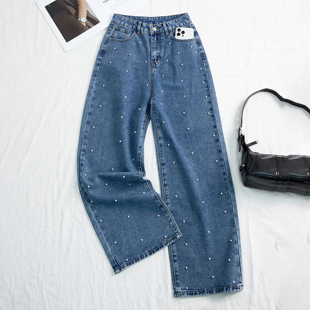 Модные синие джинсы с жемчугом и бисером для женщин, весенне-осенние брюки, уличная одежда, женские прямые широкие джинсовые брюки с высокой талией 
Модные синие джинсы с жемчугом и бисером для женщин, весенне-осенние брюки, уличная одежда, женские прямые широкие джинсовые брюки с высокой талией