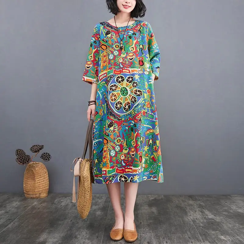Women Spring Summer New O-Neck Pullover Dress Fashion Ethnic Style Printed Pocket Panel Loose Casual Versatile 3/4 Sleeve Dress
Women Spring Summer New O-Neck Pullover Dress Fashion Ethnic Style Printed Pocket Panel Loose Casual Versatile 3/4 Sleeve Dress