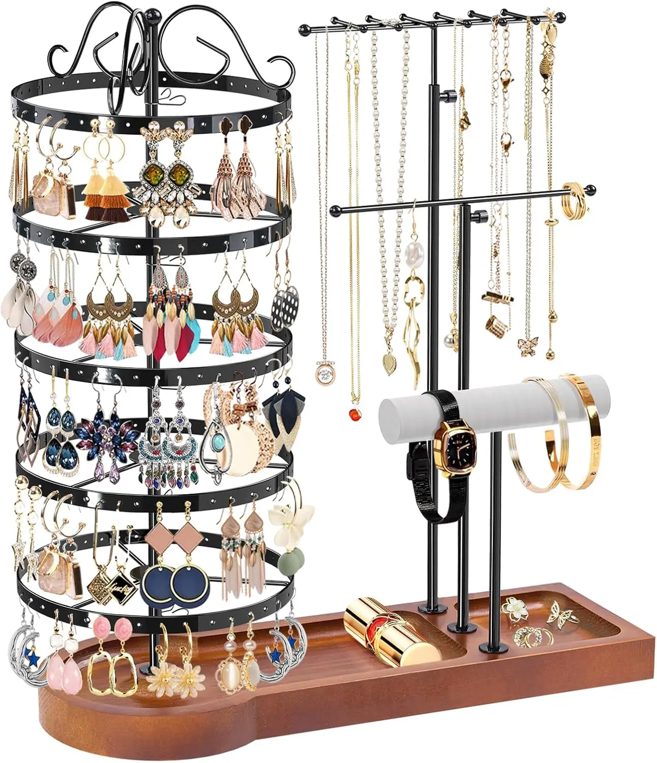 Adjustable 5-Tier Rotating Earring Holder with Wooden Base, Multi-Functional Jewelry Organizer for Studs, Necklaces, Bracelets
Adjustable 5-Tier Rotating Earring Holder with Wooden Base, Multi-Functional Jewelry Organizer for Studs, Necklaces, Bracelets