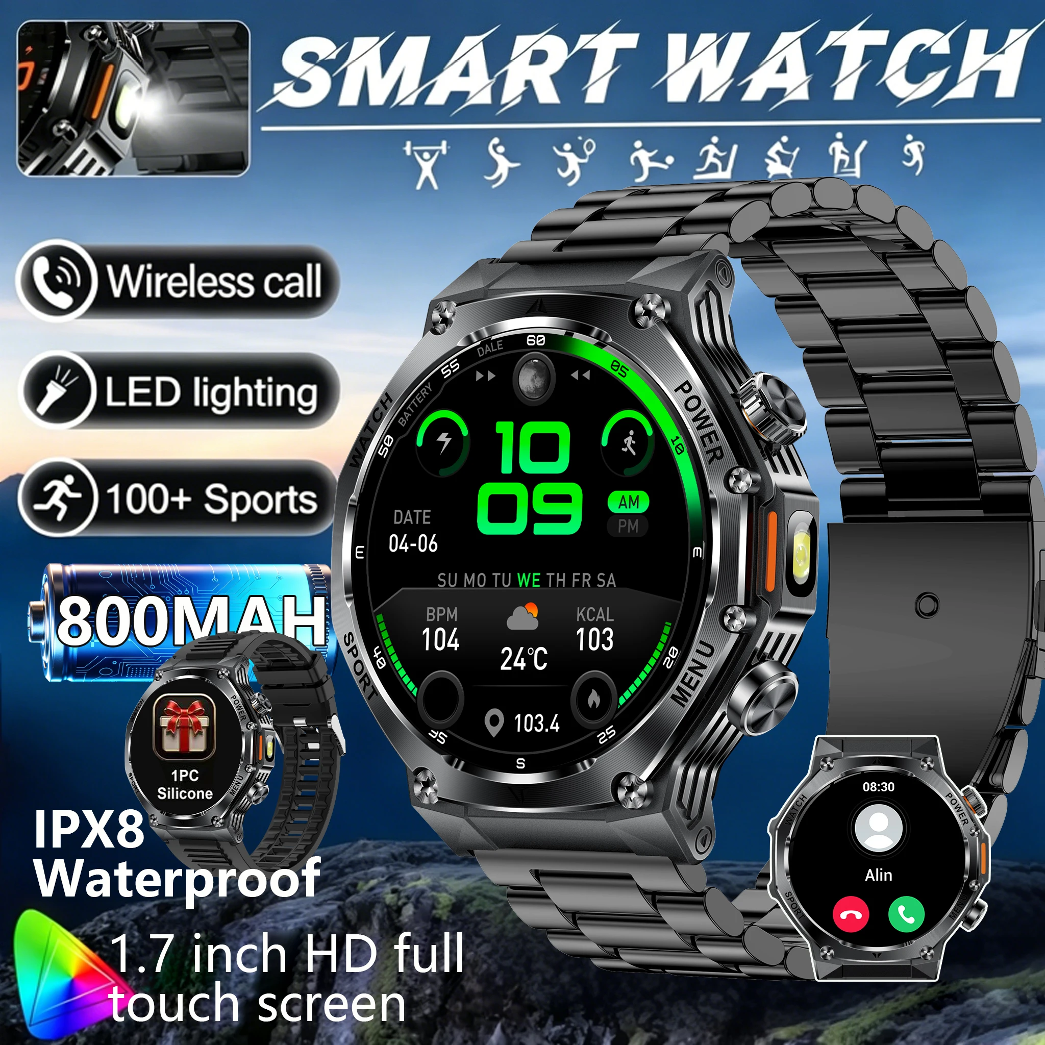 Tactical Style Smart Watch LED Flashlight 100+Sports 800MAH Battery IPX8 Waterproof Durable BT Mobile Phone Outdoor Equipment
Tactical Style Smart Watch LED Flashlight 100+Sports 800MAH Battery IPX8 Waterproof Durable BT Mobile Phone Outdoor Equipment