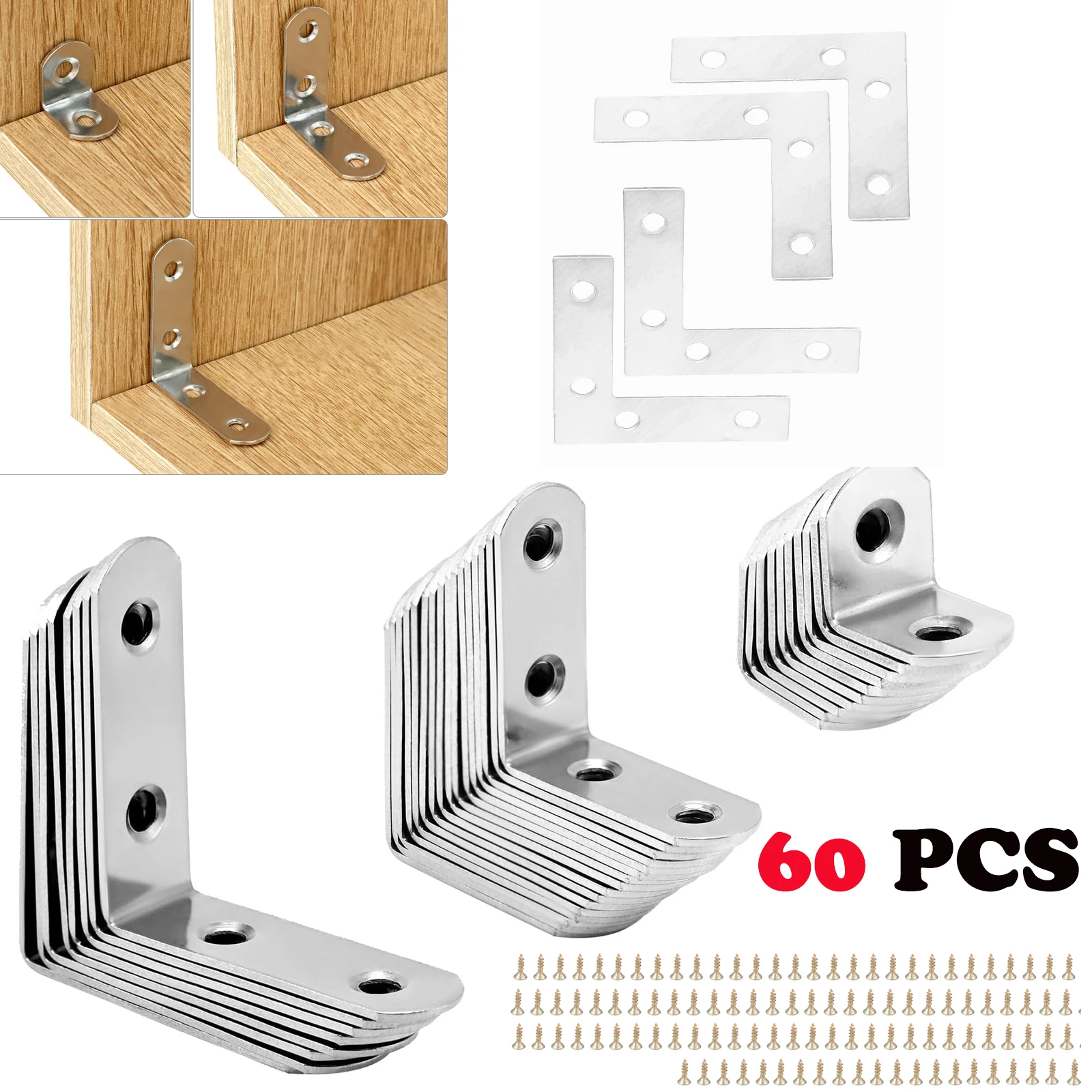 60PCS Stainless Steel L Brackets Corner Brace 16x20mm 16x40mm 16x50mm 15X60mm 90 Degree L Shaped Brackets for Shelves, Wood Furn
60PCS Stainless Steel L Brackets Corner Brace 16x20mm 16x40mm 16x50mm 15X60mm 90 Degree L Shaped Brackets for Shelves, Wood Furn