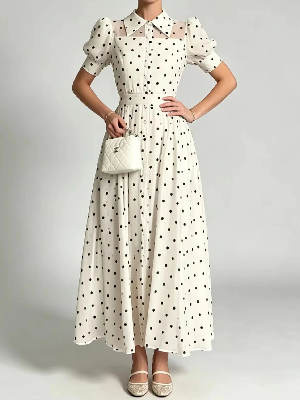 2026 New Women's Polka Dot Midi Shirt Dress, Puff Short Sleeve Sheer Yoke Button Front Flared Hem Casual Dress
2026 New Women's Polka Dot Midi Shirt Dress, Puff Short Sleeve Sheer Yoke Button Front Flared Hem Casual Dress