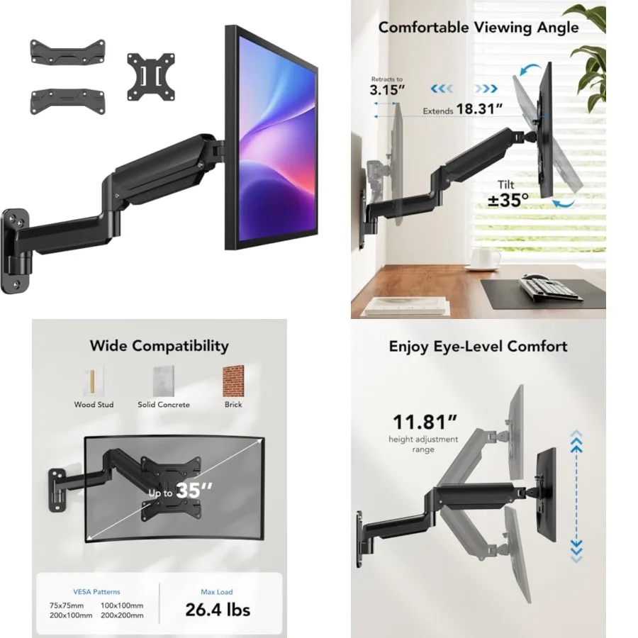Computer Monitor Wall Mount for 22"-35" Screens, Gaming Wall Mount Monitor Arm Holds up to 26.4lbs, Vesa Mount with Tilt, Swivel, Rotation, Supports 75x75mm, 100x100mm, 200x200mm, Black
Computer Monitor Wall Mount for 22"-35" Screens, Gaming Wall Mount Monitor Arm Holds up to 26.4lbs, Vesa Mount with Tilt, Swivel, Rotation, Supports 75x75mm, 100x100mm, 200x200mm, Black