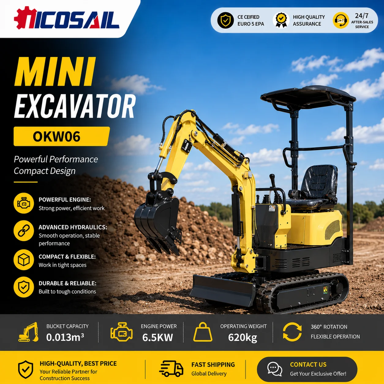 CE Certified Euro 5 0.6T Mini Excavator Compact Hydraulic Machine Custom Manufacturing
CE Certified Euro 5 0.6T Mini Excavator Compact Hydraulic Machine Custom Manufacturing