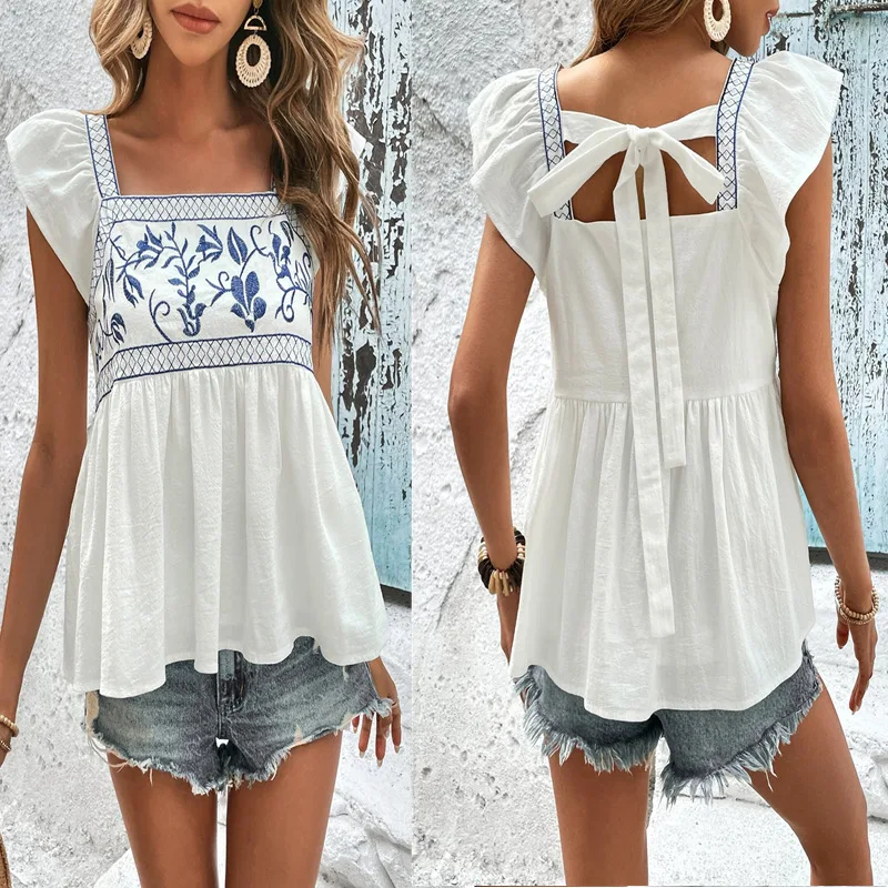 2026 Spring Summer Women Top Square Neck Embroidery Ruffle Sleeve Blouse Shirt
2026 Spring Summer Women Top Square Neck Embroidery Ruffle Sleeve Blouse Shirt