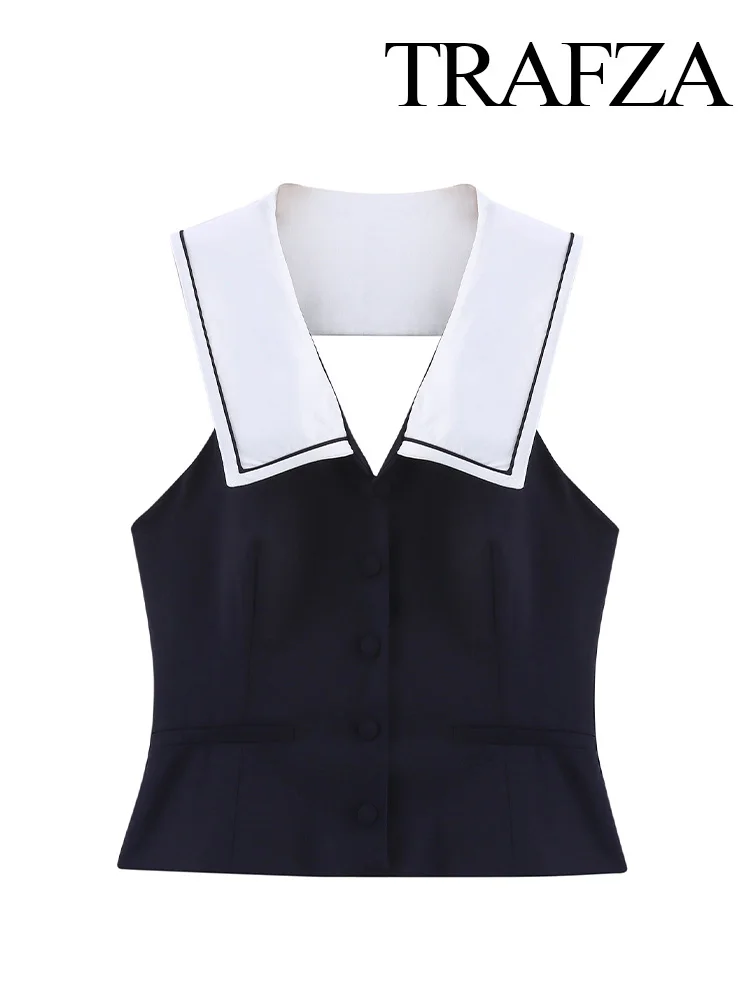 TRAFZA Women Summer Elegant Simple Sleeveless Top Female Turn-down Collar Button Decoration Pleated Backless Vest Type Short Top
TRAFZA Women Summer Elegant Simple Sleeveless Top Female Turn-down Collar Button Decoration Pleated Backless Vest Type Short Top