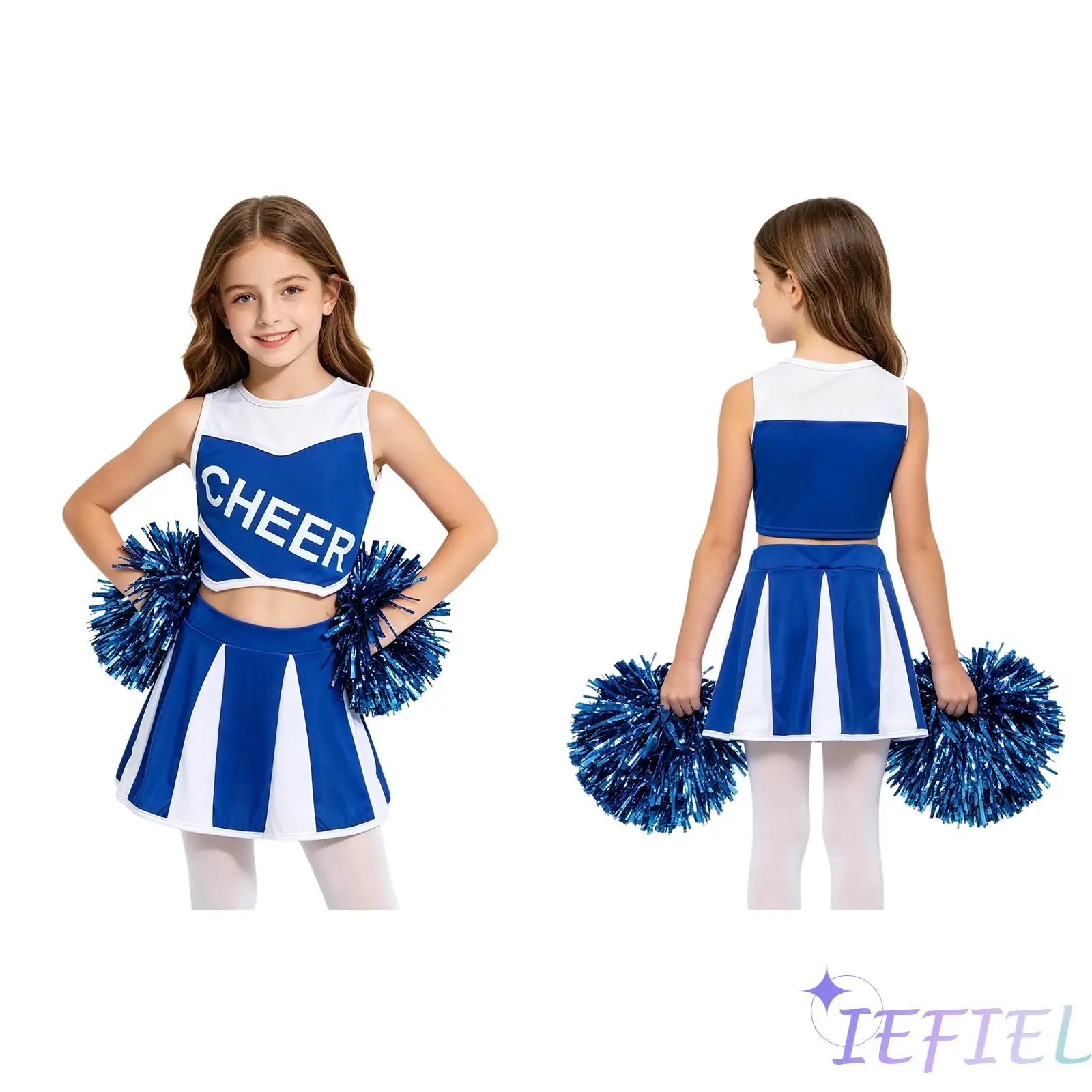 Kids Girls Cheer Squad Outfit Contrast Color Sleeveless Top and Skirt with Hand Pom Poms Set for School Cheerleading Uniform
Kids Girls Cheer Squad Outfit Contrast Color Sleeveless Top and Skirt with Hand Pom Poms Set for School Cheerleading Uniform