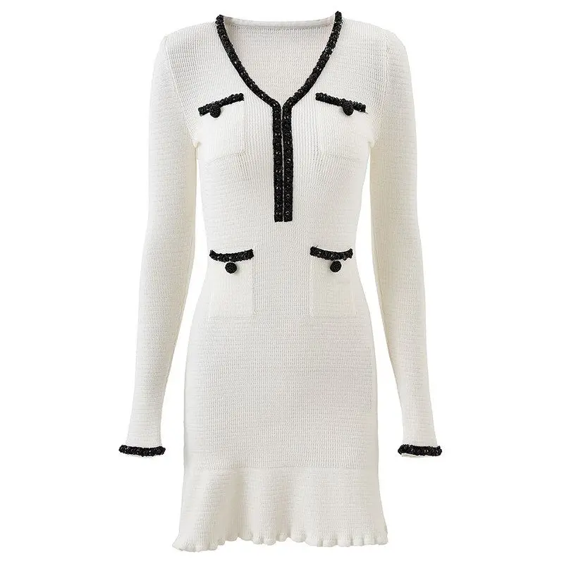 Elegant Knitted Short Dress with Bead Decoration Long Sleeve V-Neck Bodycon Dress for Ladies Citywalk Autumn Season Fashion
Elegant Knitted Short Dress with Bead Decoration Long Sleeve V-Neck Bodycon Dress for Ladies Citywalk Autumn Season Fashion