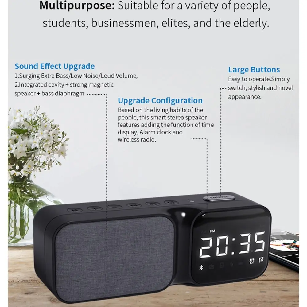 FM Radio Bluetooth Speaker Wireless LED Display Digital Table Alarm Clock High Fidelity TF Card Support Sleep Aid Device
FM Radio Bluetooth Speaker Wireless LED Display Digital Table Alarm Clock High Fidelity TF Card Support Sleep Aid Device