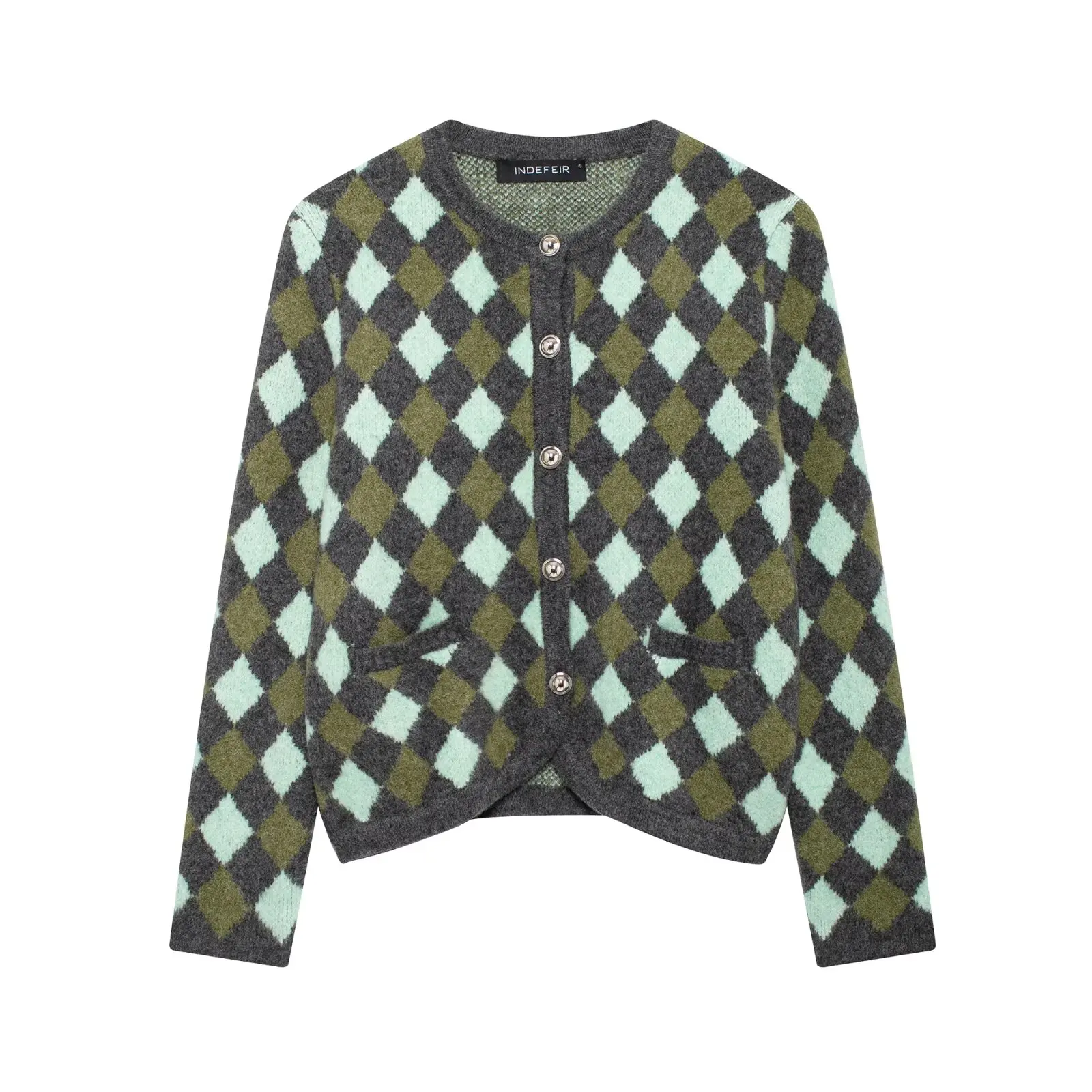 Внешняя торговля, женская одежда, новая модная универсальная облегающая жаккардовая вязаная куртка с ромбовидным узором
Внешняя торговля, женская одежда, новая модная универсальная облегающая жаккардовая вязаная куртка с ромбовидным узором