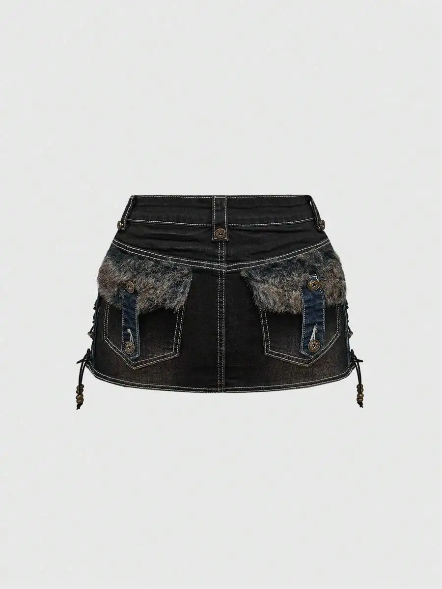 Black Denim Mini Skirt with Faux Fur Pocket Trim and Side Lace-Up Detail
Black Denim Mini Skirt with Faux Fur Pocket Trim and Side Lace-Up Detail