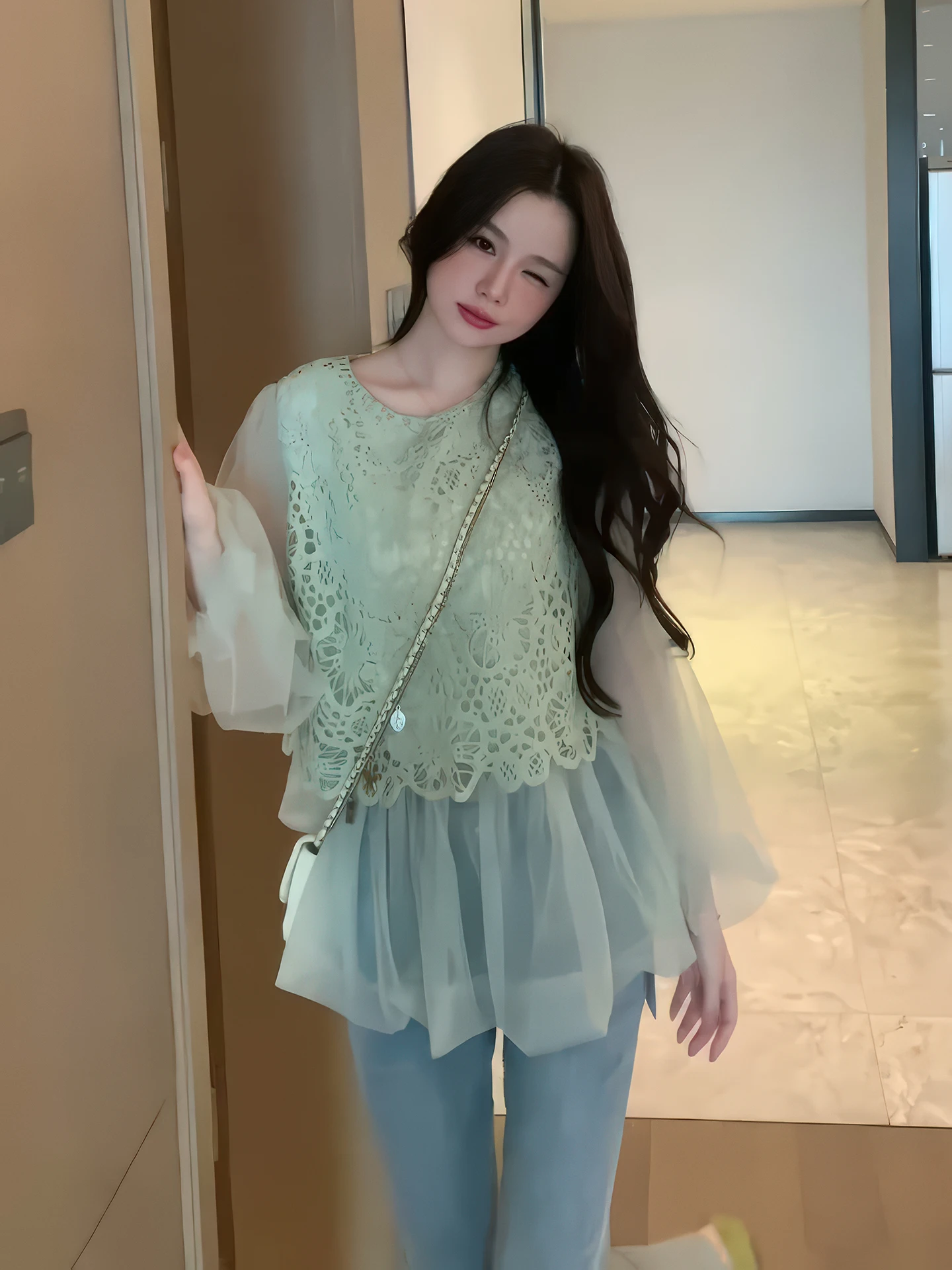 Mint Green Lace Patchwork Lantern Sleeve Shirt Women's Spring Summer New Style Fairy Atmosphere Floating Neck Thin Mint Green...
Mint Green Lace Patchwork Lantern Sleeve Shirt Women's Spring Summer New Style Fairy Atmosphere Floating Neck Thin Mint Green...