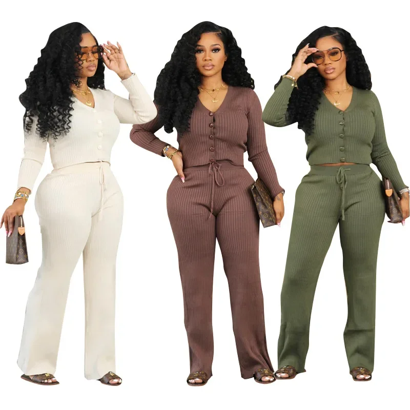 Two Piece Sets Women Knitted V Neck Full Sleeve Single Breasted Lace Up Straight Long Pants Set Casual Loose Regular 2023
Two Piece Sets Women Knitted V Neck Full Sleeve Single Breasted Lace Up Straight Long Pants Set Casual Loose Regular 2023