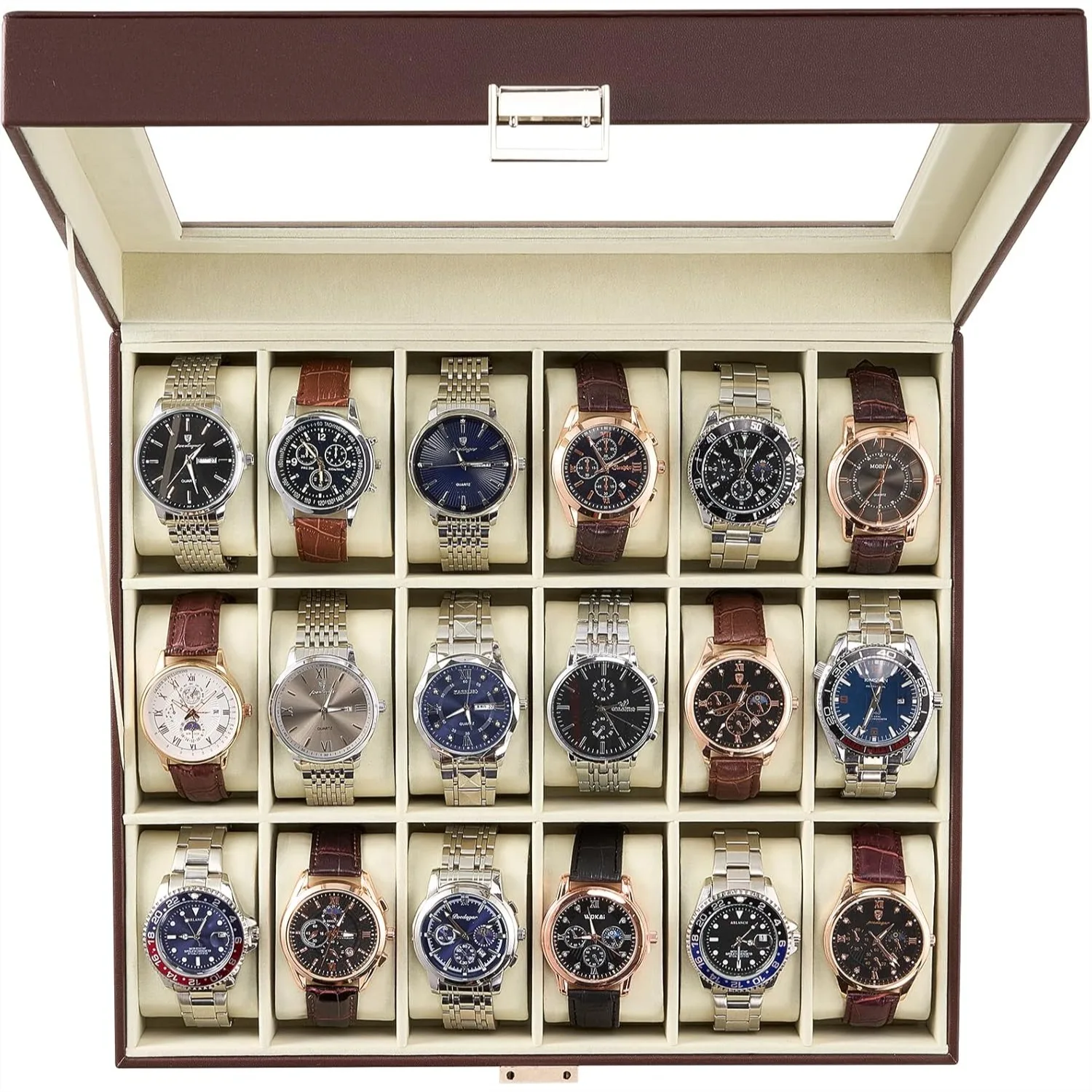 18 Slot Watch Box Organizer with Glass Lid, PU Leather Watch Storage Case for Men Women, Gift for Anniversary Birthday
18 Slot Watch Box Organizer with Glass Lid, PU Leather Watch Storage Case for Men Women, Gift for Anniversary Birthday