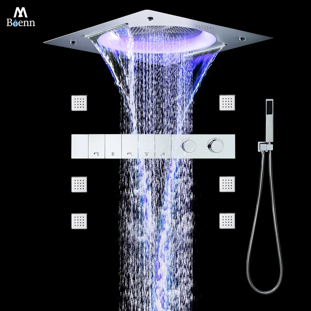 M Boenn Luxurious LED lighting Shower System Bathroom Faucets Set Smart Thermostatic Diverter Ceiling Black Shower Head Rainfall
M Boenn Luxurious LED lighting Shower System Bathroom Faucets Set Smart Thermostatic Diverter Ceiling Black Shower Head Rainfall