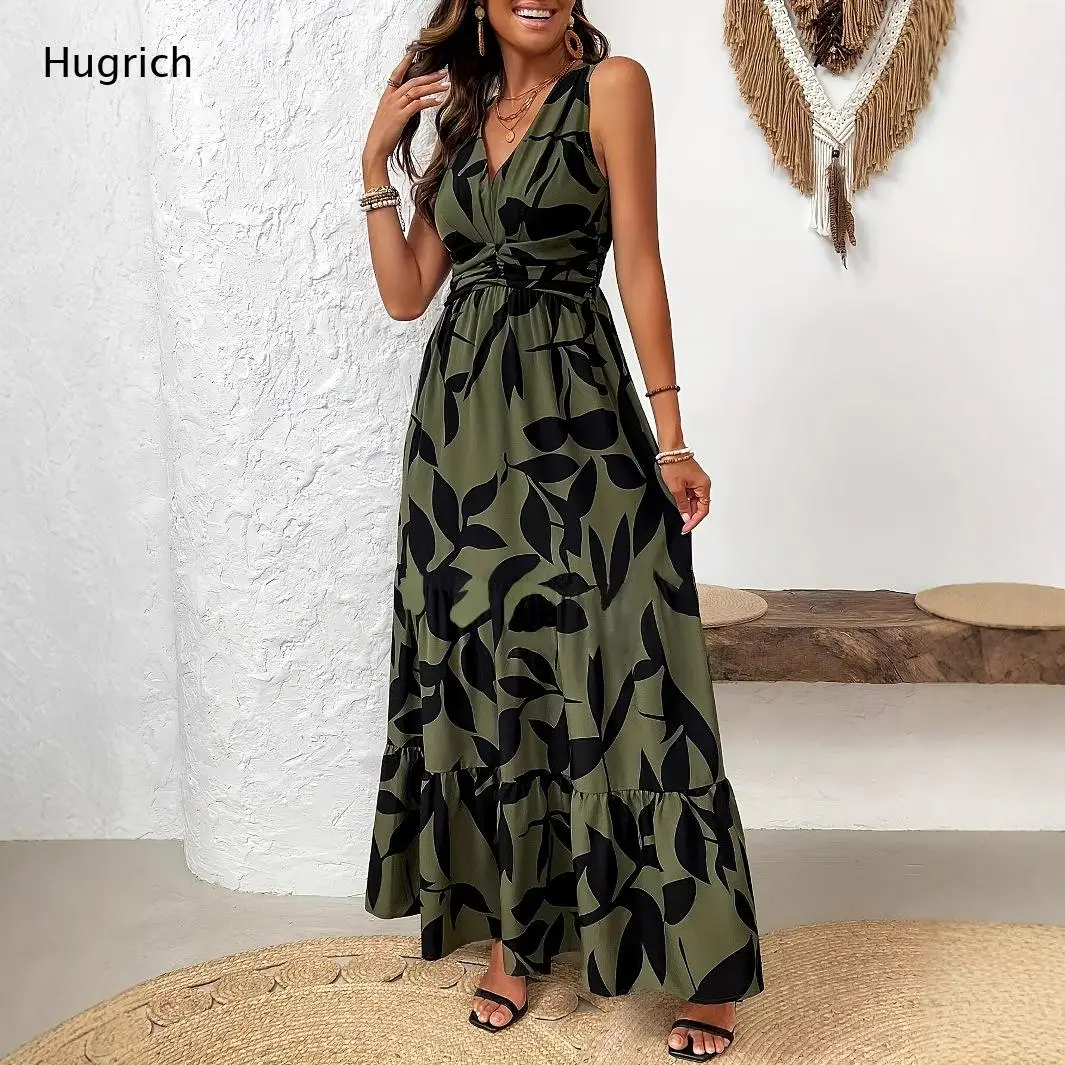 Women's Sleeveless V-Neck Leaf Print Maxi Dress with Ruffle Hem and Side Split Bohemian Beach Long Dress for Summer Vacation
Women's Sleeveless V-Neck Leaf Print Maxi Dress with Ruffle Hem and Side Split Bohemian Beach Long Dress for Summer Vacation