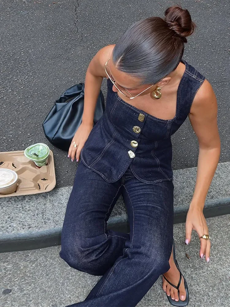 Women Denim Tank Top Trouser Suit Retro Single Breasted Sleeveless Vest High Waist Straight Pant Outfit Lady 2025 Streetwear
Women Denim Tank Top Trouser Suit Retro Single Breasted Sleeveless Vest High Waist Straight Pant Outfit Lady 2025 Streetwear