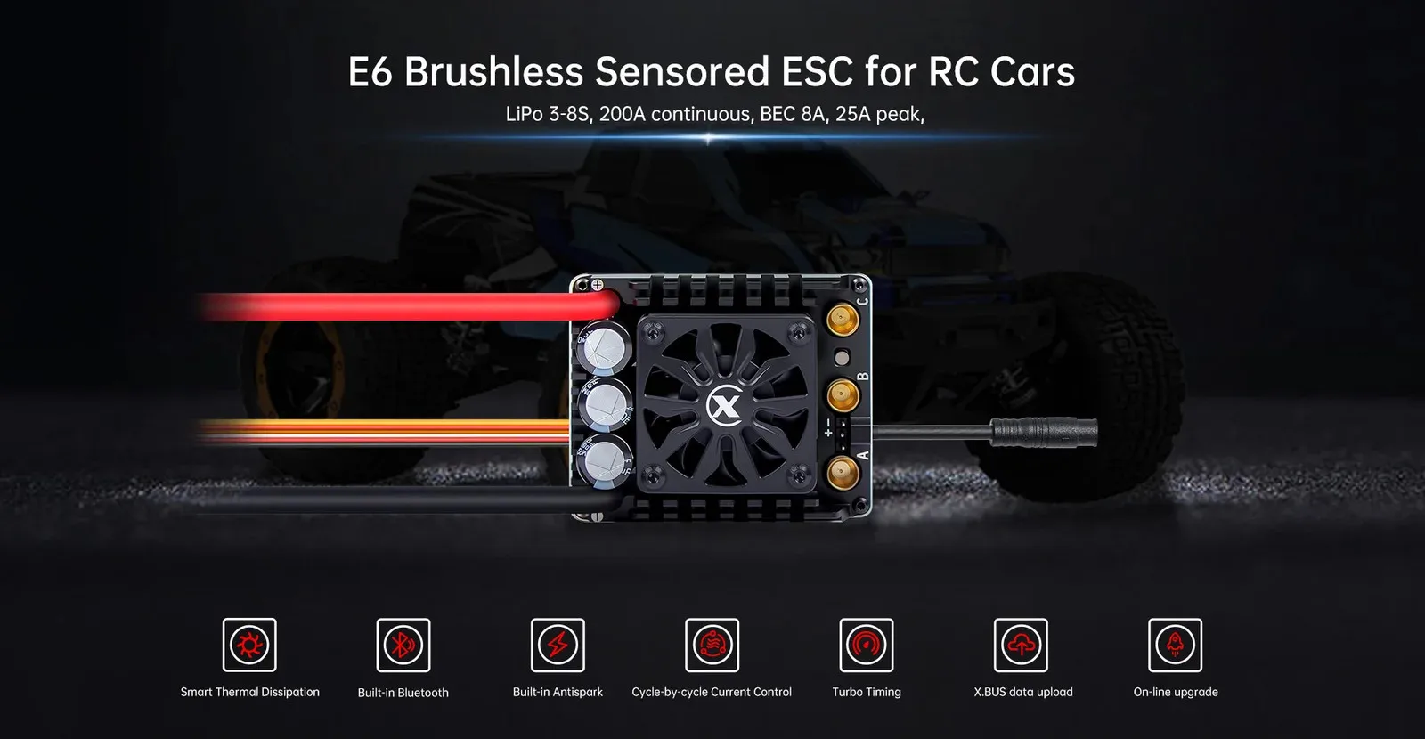 New XC E6 Brushless ESC 200A Bluetooth BEC 7.4/8.4V 3S-8S XT90 For 1/6 RC Car
New XC E6 Brushless ESC 200A Bluetooth BEC 7.4/8.4V 3S-8S XT90 For 1/6 RC Car