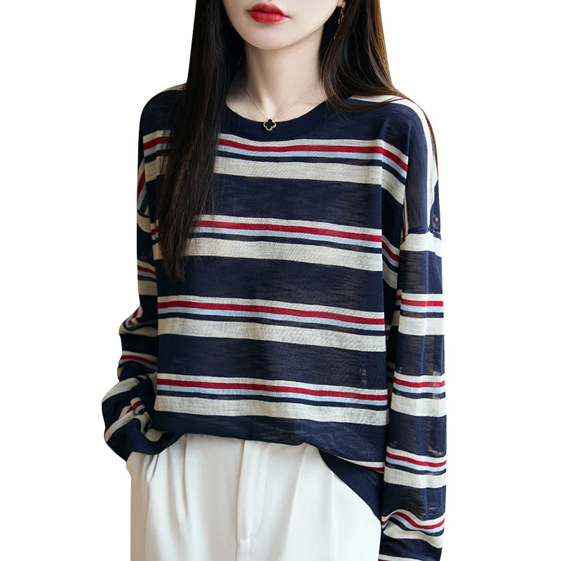 Classics Polychrome Stripe Style Pullover Women knitting Tencel Linen Blend Sweater O-Neck Long sleeves High quality Loose Tops
Classics Polychrome Stripe Style Pullover Women knitting Tencel Linen Blend Sweater O-Neck Long sleeves High quality Loose Tops