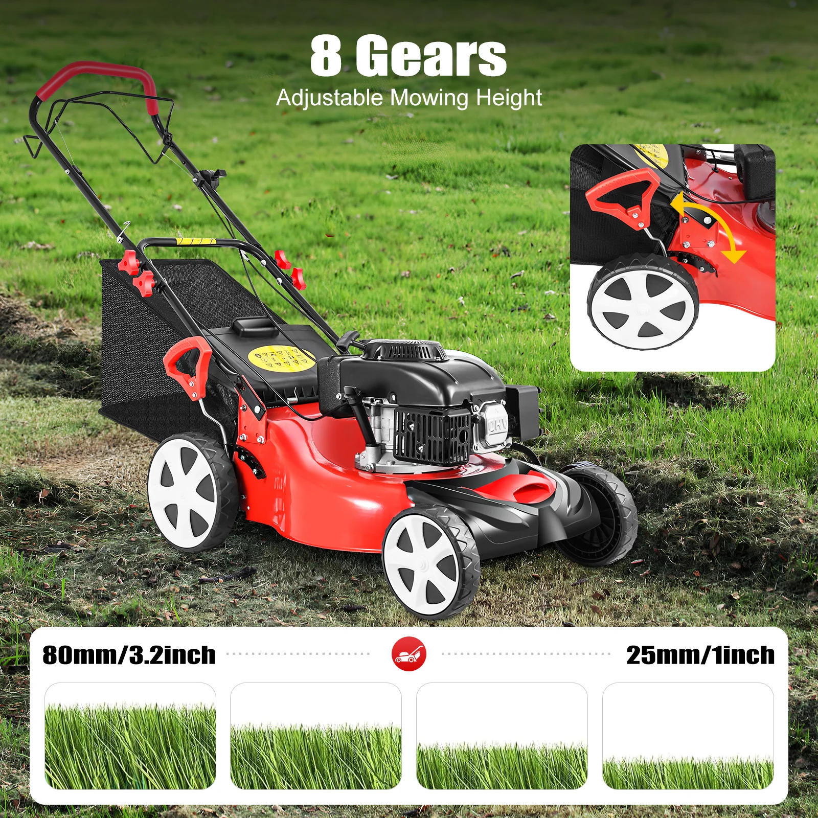 Self-Propelled Gas Lawn Mower 5HP 140CC, 20 Inch Cutting Width with 60L Grass Bag, 8 Height Adjustable 4-Stroke Engine
Self-Propelled Gas Lawn Mower 5HP 140CC, 20 Inch Cutting Width with 60L Grass Bag, 8 Height Adjustable 4-Stroke Engine