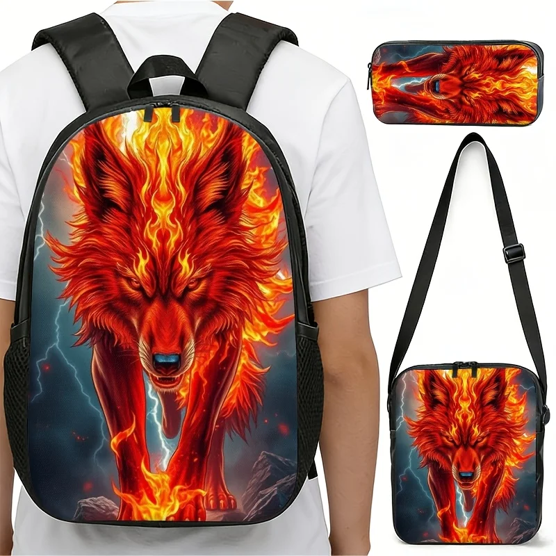 A Backpack, Crossbody Bag, And Pencil Case Featuring a Flame Wolf Design, Made with High-Definition Printing Technology. The Col
A Backpack, Crossbody Bag, And Pencil Case Featuring a Flame Wolf Design, Made with High-Definition Printing Technology. The Col